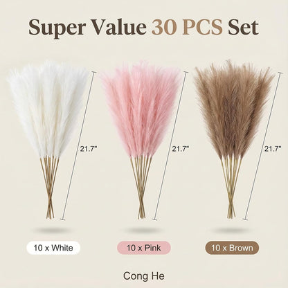 Pampas Grass Decor 30pcs 21.7 Inch, Faux Pampas Grass White Pink Brown Artificial Dried Flowers Fluffy No Shedding for Boho Wedding Home Bedroom Vase Filler