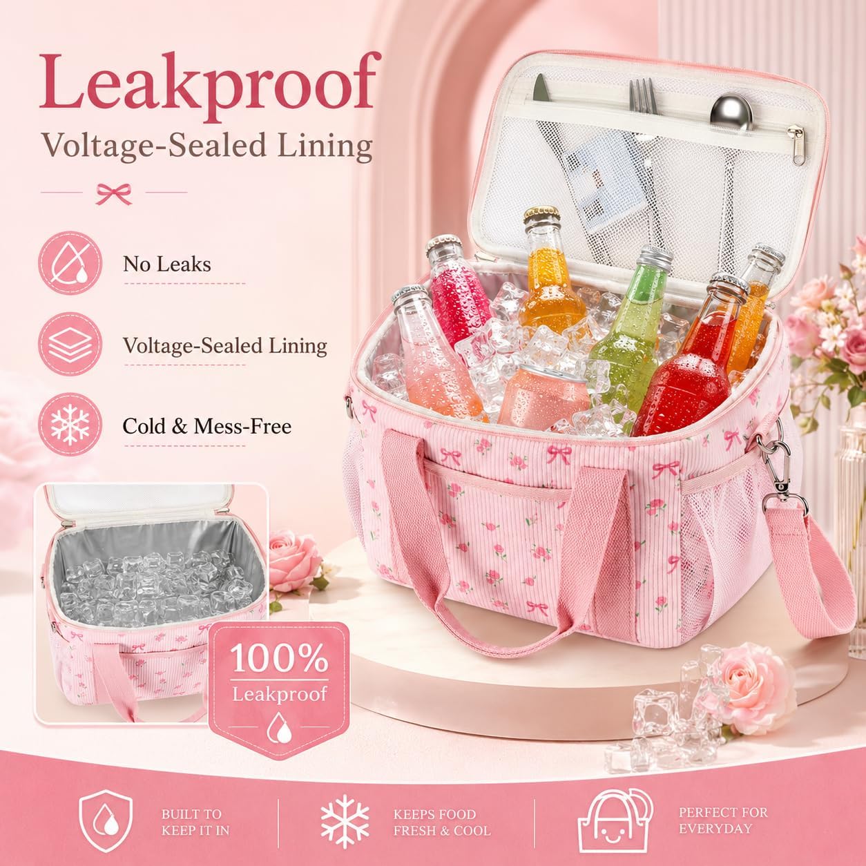 BTOOP Insulated Lunch Bag for Women Adult, Cute Lunch Box Cooler with Large Capacity, Leak-Proof Adjustable Strap Lunch Tote (Bow-Floral Pink-1, Medium)