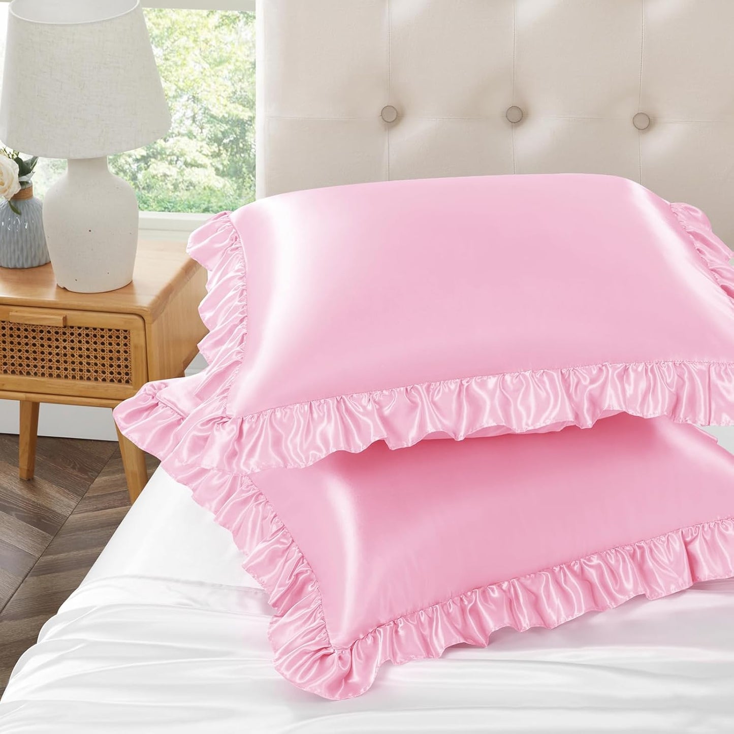 Pink Ruffle Pillow Shams Set of 2, 18 x 18 Inch Satin Ruffle Pillow Covers for Hair and Skin, Silky Pillowcase with Envelope Closure, Anti Wrinkle Ruffled Pillowcase for Sofa, Bed
