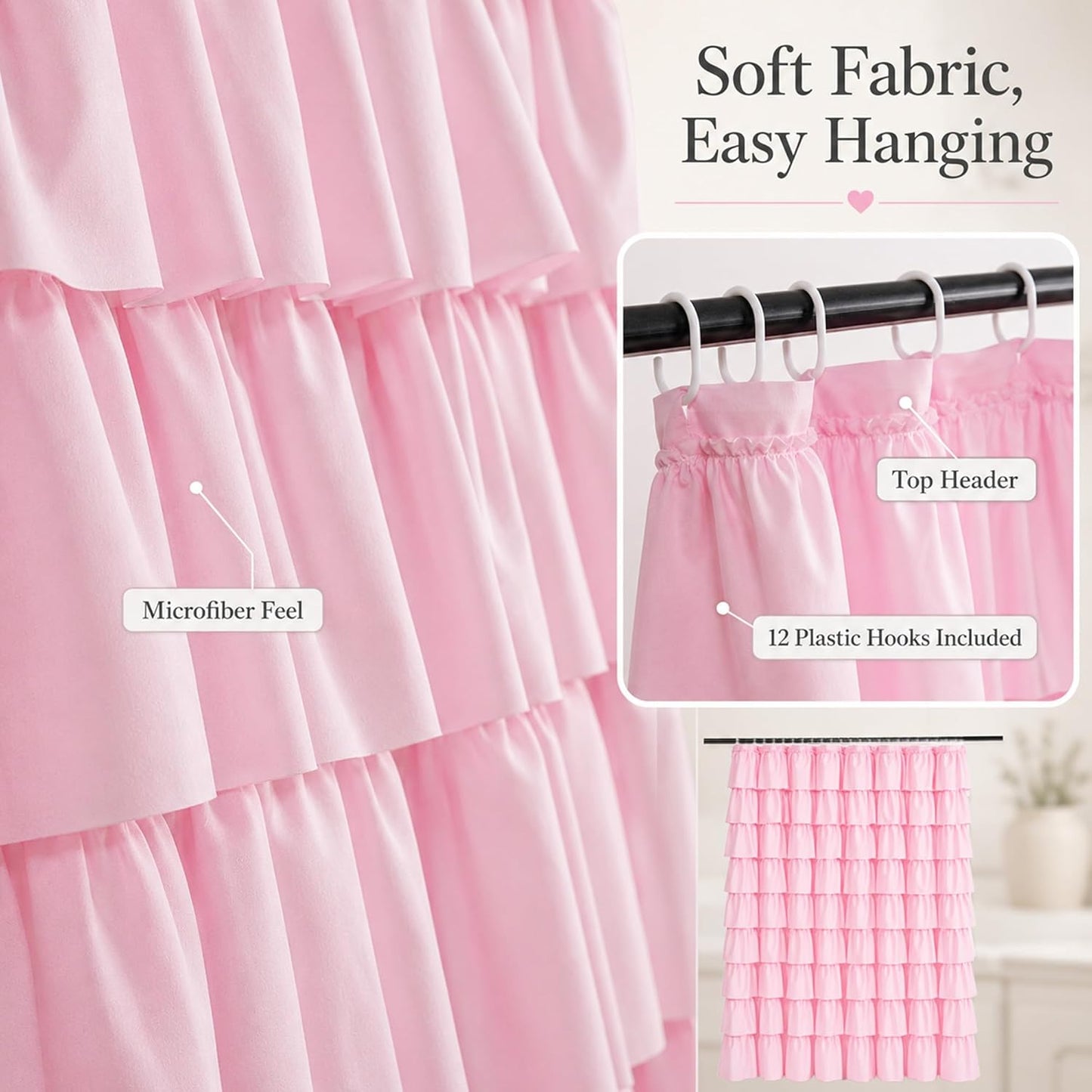 Pink Ruffle Shower Curtain - Farmhouse Ruffled Fabric for Bathroom 72 inches x 72 inch