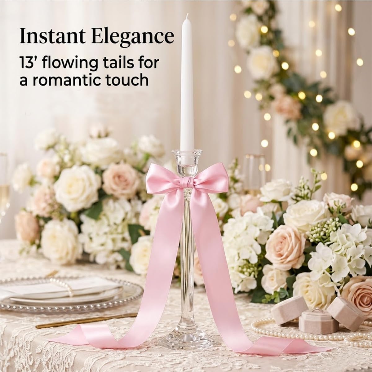 Pink Bows Decor for Candlesticks, 10 Pcs Long Tail Fabric Ribbon Bows for Candle Holder Decor, Pink Bow Decorations for Wedding Table Centerpieces, Home, Party and Holiday Styling