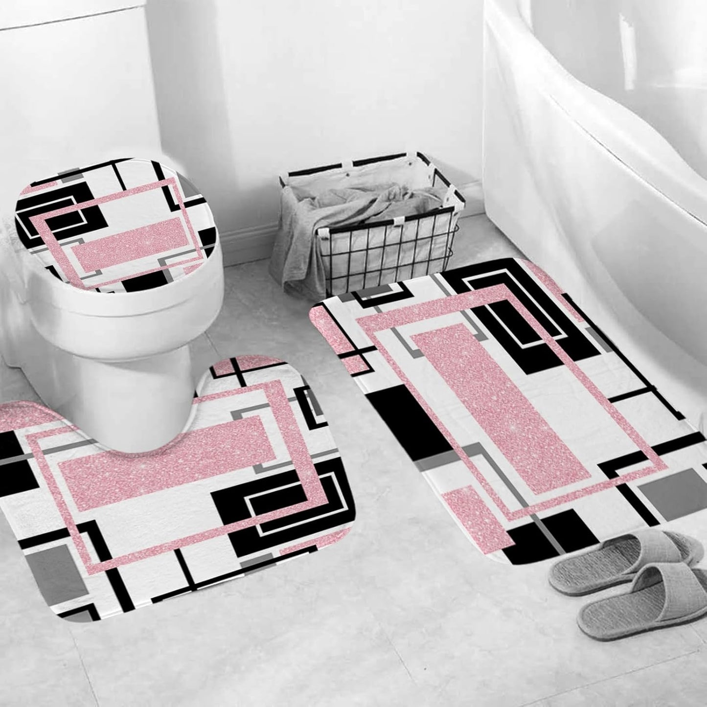 Onalasyc 4Pcs Pink Geometric Shower Curtain with Rugs Set Waterproof Pink Bathroom Sets with Shower Curtain and Rugs Abstract Geometric Modern Bathroom Curtains Shower Set with 12 pcs Hooks