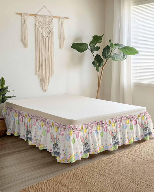 Easter Rabbits Bed Skirt Queen Size 16 Inch Drop, Wrap Around Bed Skirts, Weeping Pink Peach Eggs Vintage Beige Spring Elastic Bedskirt Pleated Bed Frame Cover Luxurious Dust Ruffle for Queen Bed