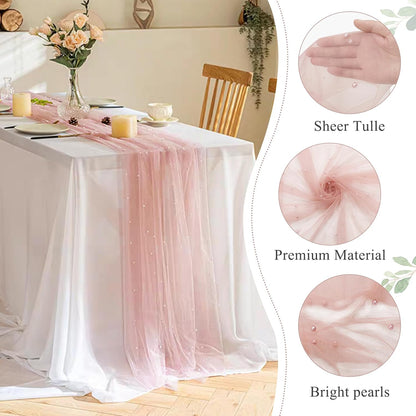 Set of 6 Pearl Valentine's Day Table Runner 29 x 120 Inch Dusty Pink Boho Rustic Tulle Fabric Lace Table Runners for Bridal Shower Birthday Party Wedding Arch Dessert Table Decor(Dusty Pink)