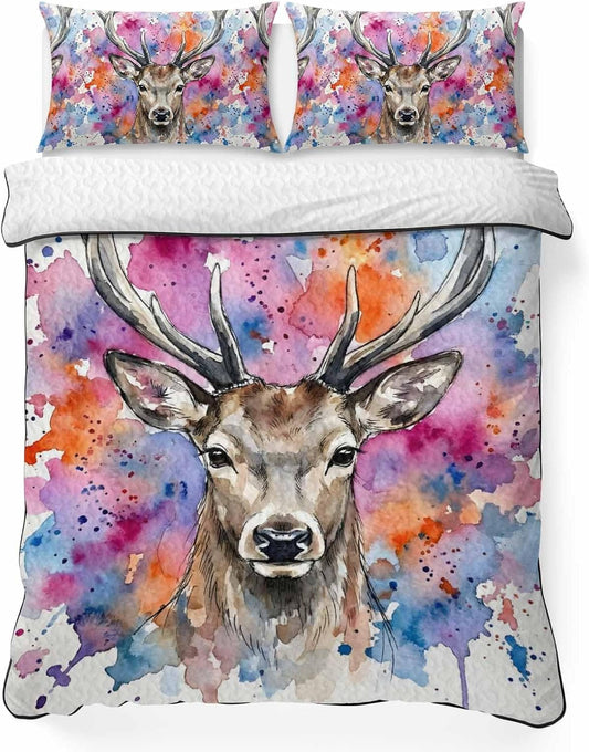 Quilts Twin XL Size Bedding Set, Elk Lightweight Quilted Comforter, Pink Purple Blue Watercolor Splashes Splatter Animal Soft Reversible Bedspread Coverlet with Pillow Covers for All Season, 68" x 98"