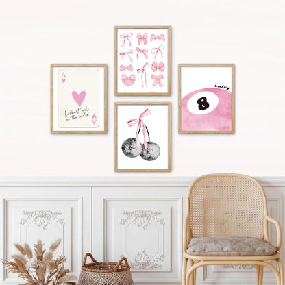 Trendy Pink Wall Art Set of 4, Coquette Preppy Wall Decor, Pink Bows Cherry Room Decor Aesthetic Cute Girly Lucky 8 Ball Canvas Posters Prints for College Apartment Dorm Bedroom 8x10 Inch Unframed