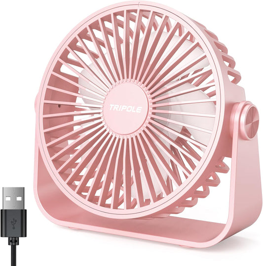 TriPole USB Desk Fan Portable Mini Fan Powerful 3 Speeds Wind Personal Desktop Fan with 360° Head Rotation for Home Office Car Indoor Outdoor Pink, No Battery, 4.5 Inches
