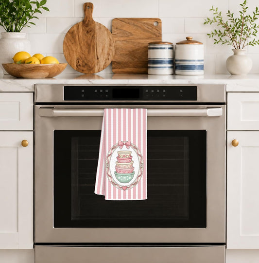 Coquette Pink Bow Bowl Kitchen Dish Towels 16x24 inch, Retro Cottagecore Floral Aesthetic Decorative Hand Tea Towels for Kitchen Dining Room, Baking Lovers Gifts