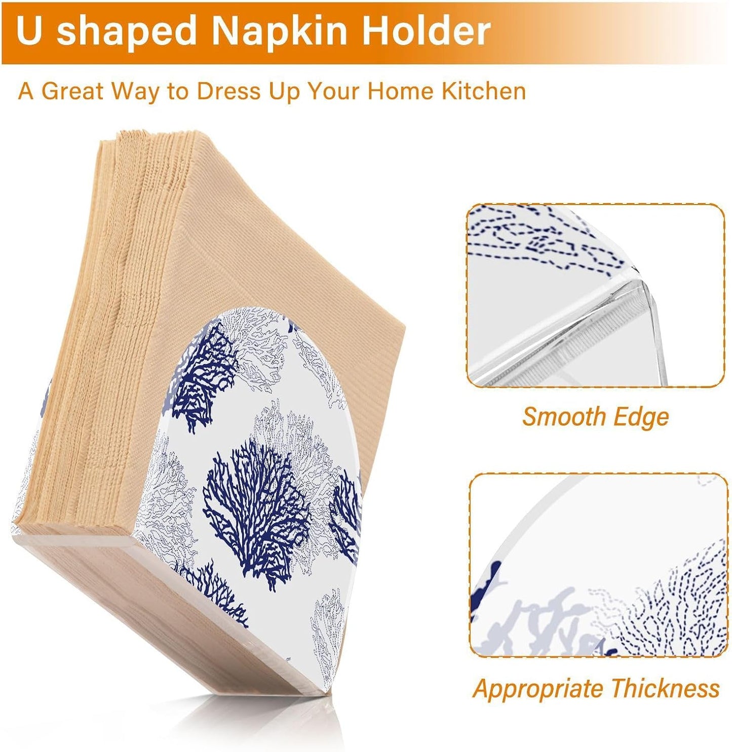 Coral Patterned Navy Blue Gray White Napkin Holder for Table Acrylic Cocktail Napkin Holders Decorative Tissue Dispenser Vertical Napkin Holder for Home Decor Kitchen Dining, 2 PC