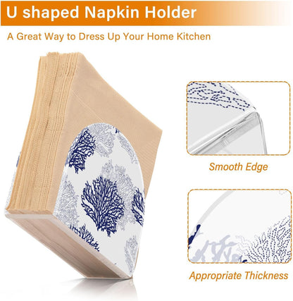 Coral Patterned Navy Blue Gray White Napkin Holder for Table Acrylic Cocktail Napkin Holders Decorative Tissue Dispenser Vertical Napkin Holder for Home Decor Kitchen Dining, 2 PC