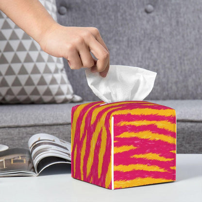 Neon Pink and Yellow Tiger Stripe Pattern Tissue Box Cover Square Pu Leather Waterproof Tissue Box Holder for Car Bathroom Bedroom Office Tabletop Decor