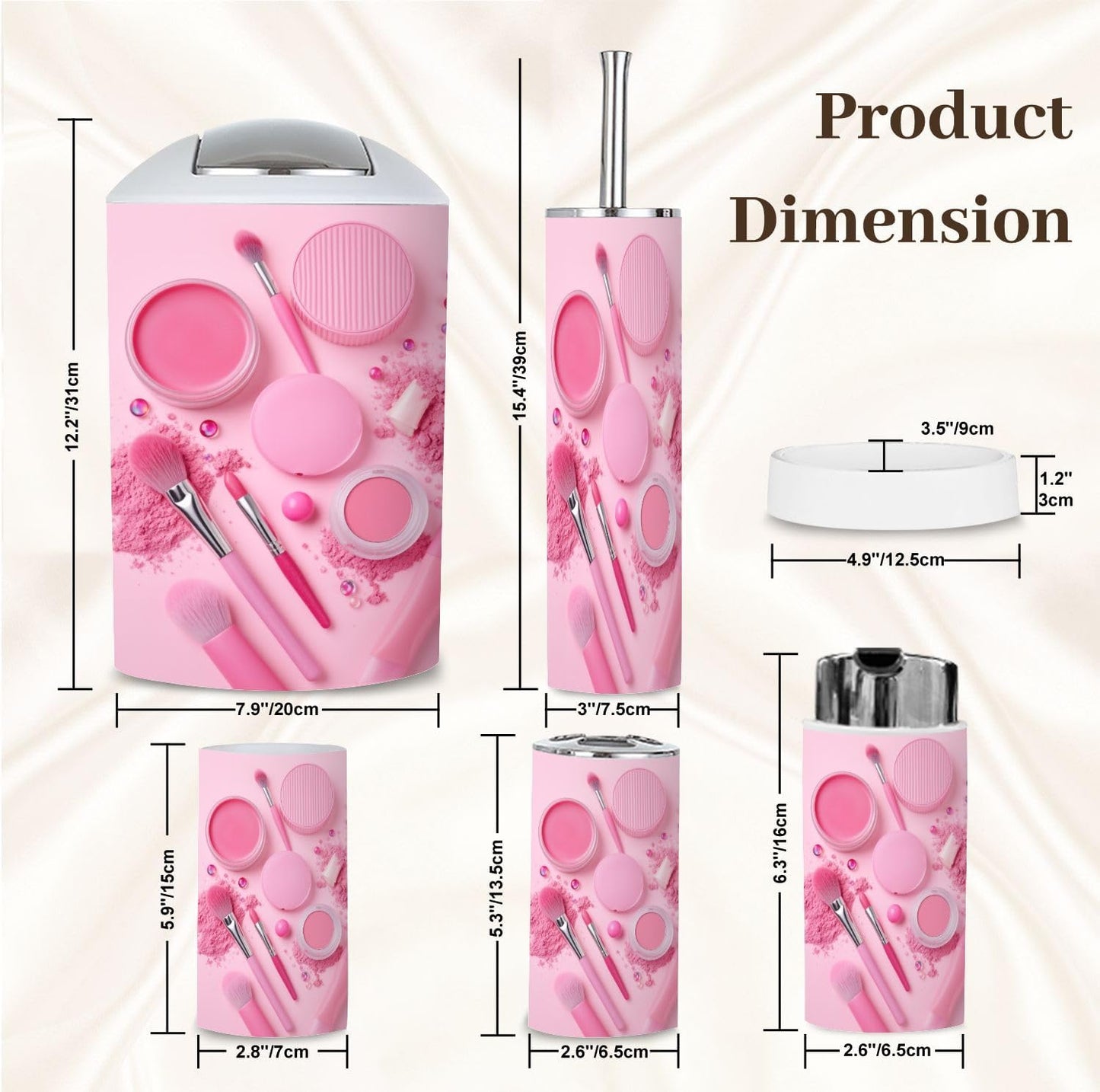Bathroom Accessory Set 6PCS Pink Makeup Collection Brushes Powders Lipstick Trash Can, Soap Dispenser, Toothbrush Holder, Toothbrush Cup, Toilet Brush Holder, Soap Dish for Gifts