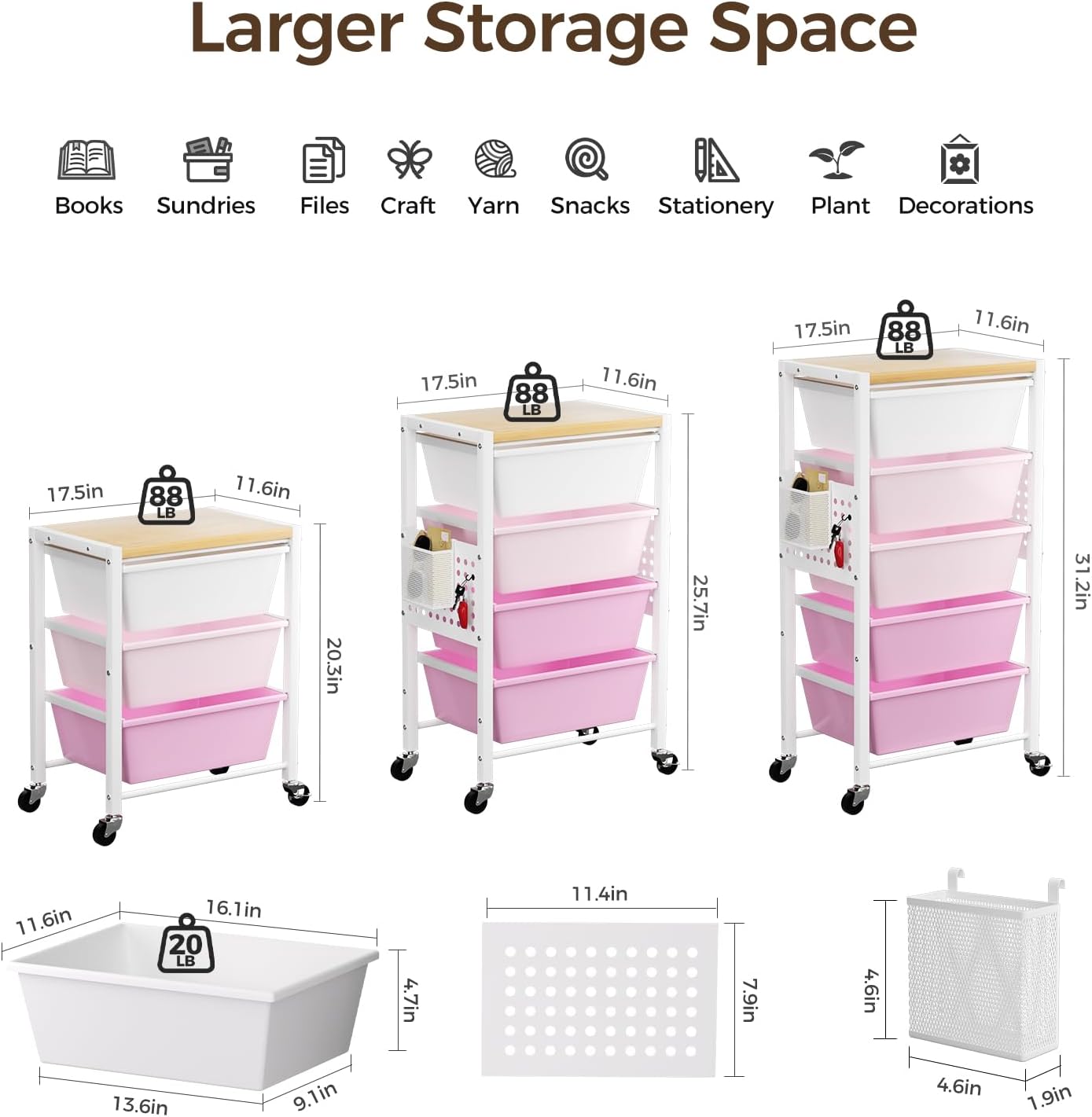 Rolling Cart with 5 Drawers, Plastic Drawer Storage Carts with Wheels & Wooden Tabletop, Metal Utility Cart with Pegboards, Office Living Room Classroom Craft Organization and Storage, Bright Pink