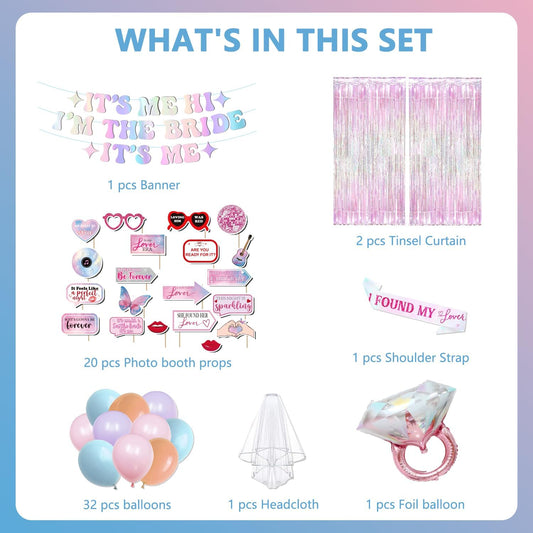 Bachelorette Party Decorations Its Me Hi Im The Bride Its Me Banner Pink Tinsel Foil Curtains Bride to Be Sash and Veil Bridal Photo Props Bachelorette Balloons Bridal Shower Fecorations