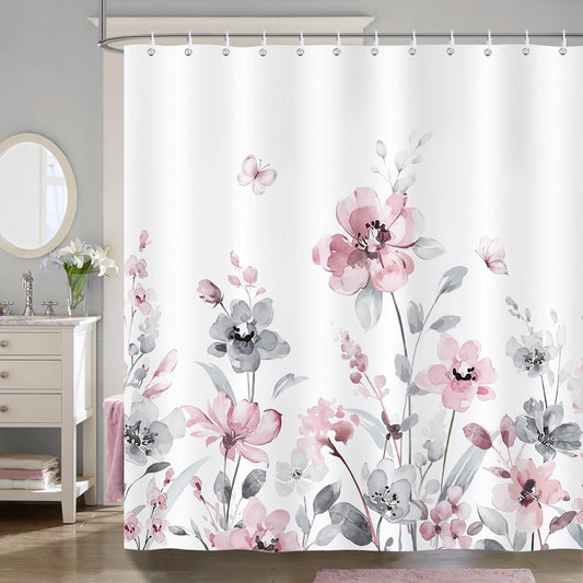Bonhause Grey Pink Floral Shower Curtain, Watercolor Flower Leaves Butterfly Elegant Bathroom Decor 72x72 Inch Polyester Fabric Waterproof Bath Curtain with 12 Hooks