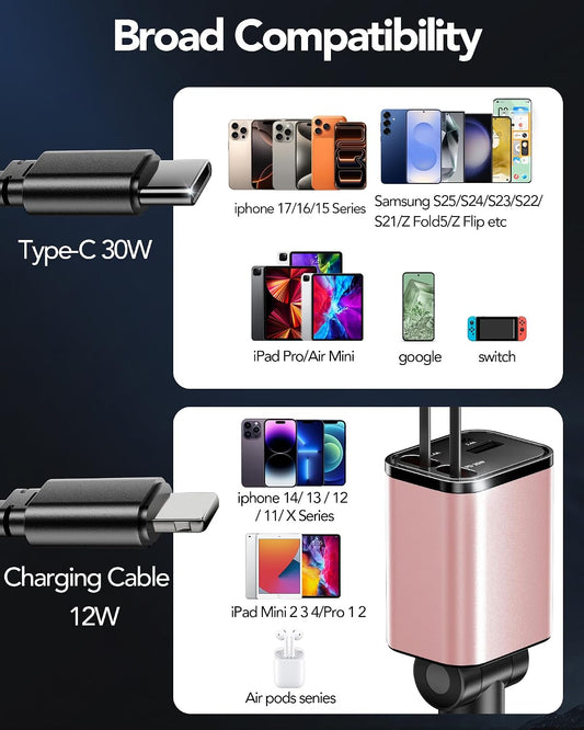 Retractable Car Charger Adapter for iPhone 17,4 in 1 Fast Charging Car Phone Charger,69W USB C Car Truck Accessories,Road Trip Essentials Gift for Men Women for iPhone 17 Pro Max/16/15/14/13/12,Galaxy