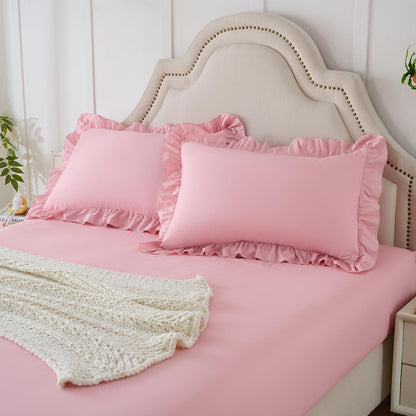 Homiest 3-Pieces Ruffle Pillow Case & Fitted Sheet Set, Light Pink Queen Sheets with 2 Ruffled Pillow Shams, 15 Inch Deep Pocket, Cute & Coquette Microfiber Bed Set for Decorating Bedroom Hotel