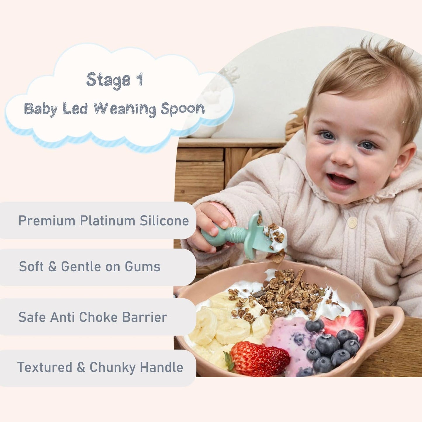 Ginbear Platinum Silicone Baby Spoons Self Feeding 6 Months First Stage, Non Toxic Infants Led Weaning Utensils for Training, Soft BLW Supplies Pack of 4 (Hazy Green/Pink)