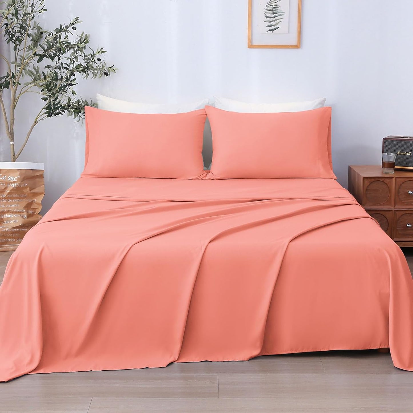 LONAVA Queen Sheet Set 4 Pieces,Peachy Coral Ultra Soft & Breathable Microbifer Sheets, 1600 Thread Count Hotel Luxury Oeko-Tex Bed Sheets, 14-16 Inch Deep Pocket Durable Wrinkle Free Sheets