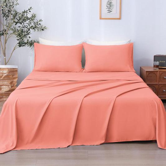 LONAVA Queen Sheet Set 4 Pieces,Peachy Coral Ultra Soft & Breathable Microbifer Sheets, 1600 Thread Count Hotel Luxury Oeko-Tex Bed Sheets, 14-16 Inch Deep Pocket Durable Wrinkle Free Sheets