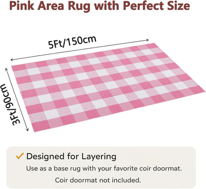 Buffalo Plaid Area Rug, Checkered Rug 3x5 Ft, Pink and White Rug, Washable Cotton Mat for Front Porch, Entryway, Kitchen, Living Room, Home Decor