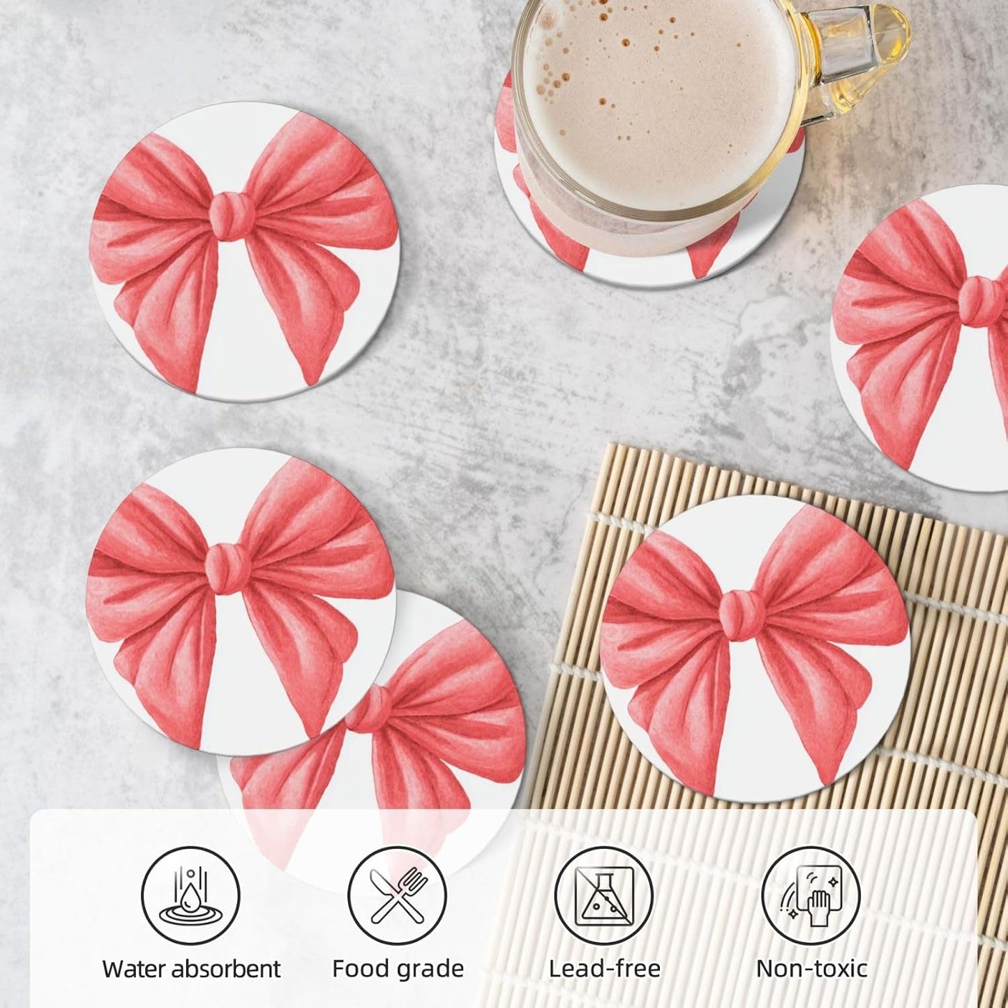 Watercolor Cute Bow Light Red and Pink Ceramic Coasters with Holder Set of 6 Coffee Cup Drink Coasters