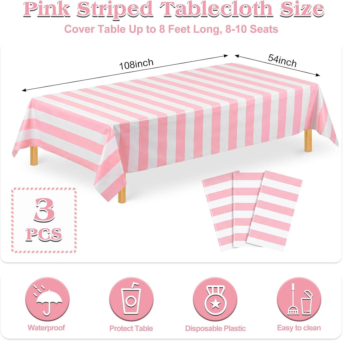 3 Pack Pink Striped Tablecloth, 54 x 108Inch Pink and White Striped Tablecloth Pink Carnival Theme Party Decorations Waterproof Plastic Table Cloth for Birthday Picnic Baby Shower Wedding Halloween