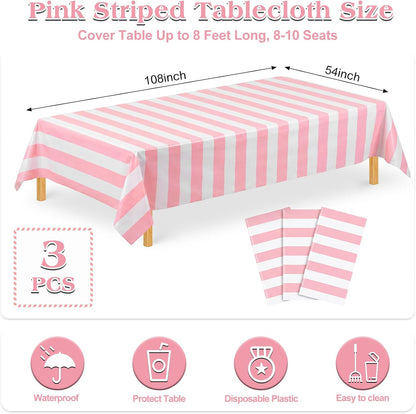 3 Pack Pink Striped Tablecloth, 54 x 108Inch Pink and White Striped Tablecloth Pink Carnival Theme Party Decorations Waterproof Plastic Table Cloth for Birthday Picnic Baby Shower Wedding Halloween