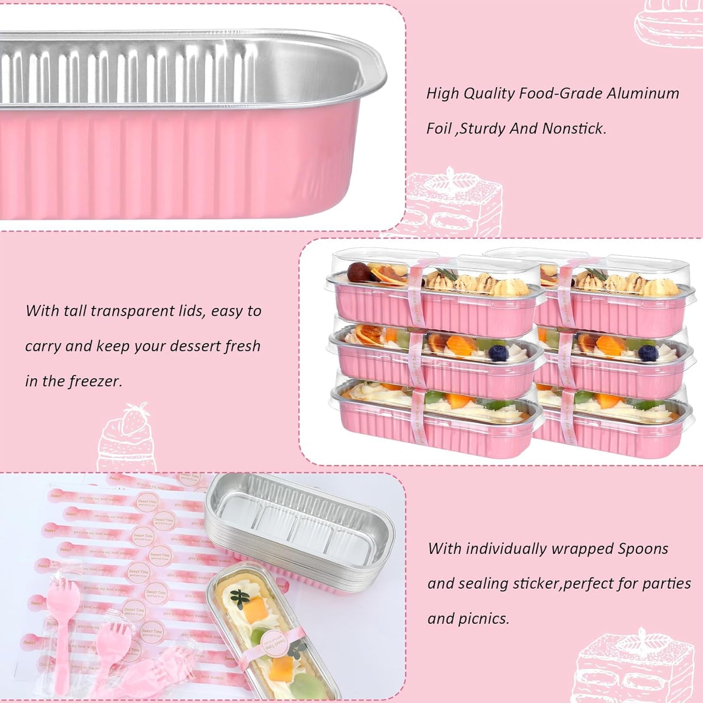 EgticHome Mini Loaf Pans with Lids and Spoons (100 Pack, Pink, 6.8oz) Rectangular Aluminum Foil Baking Pans