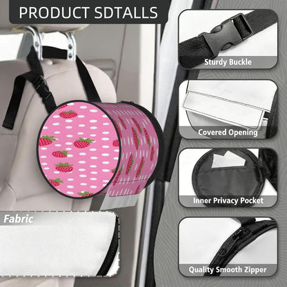 Oxford Cylinder Tissue Holder, Round Tissue Container Pink Strawberry Dots - 6.3''X6.3'' Portable Toilet Paper Roll Cover Tissue Box for Home Car Camping Office Travel