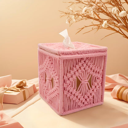 Handwoven Macrame Tissue Box Cover Boho Square Cute, Decorative Holder for Bathroom, Bedroom, Office with Flip-Top Lid & Closed-Bottom Design, 5.5"x5.5"x6" (Pink)