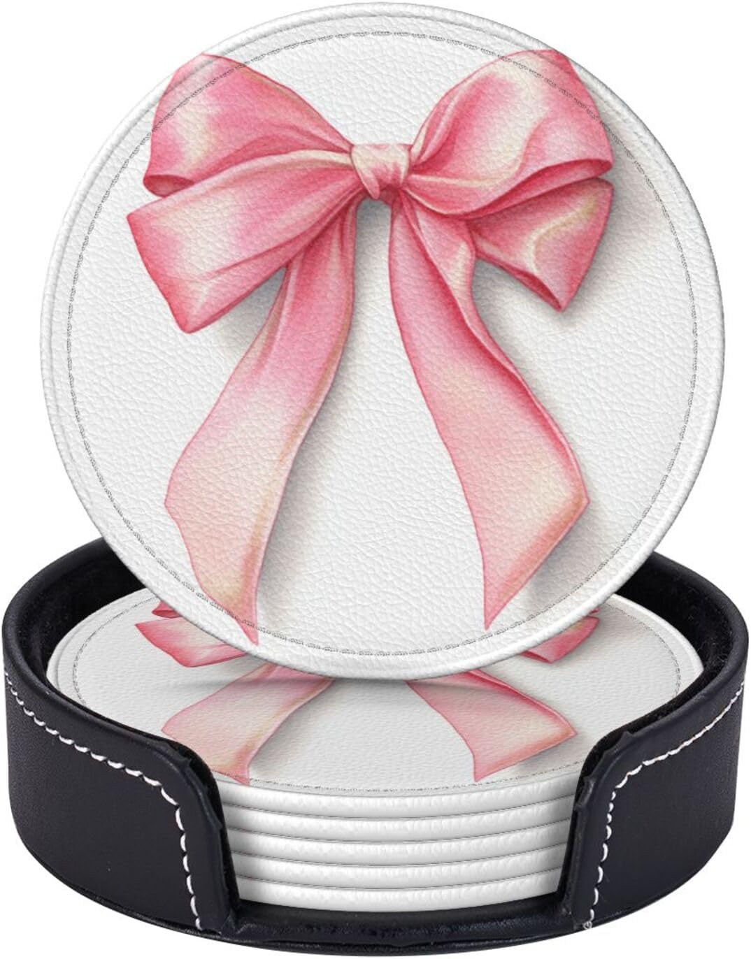 Watercolor Light Pastel Pink Ribbon Bow Premium Leather Coasters, Set of 6 with Holder, Stylish Beverage Coasters for Kitchen Coffee Bar
