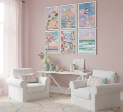 Suvinor 6Pcs Trendy Pastel Coastal Wall Art, Pink Blue Beach Lighthouse Sailboat Aesthetic Painting Decor for Teen Girl Room Dorm Unframed