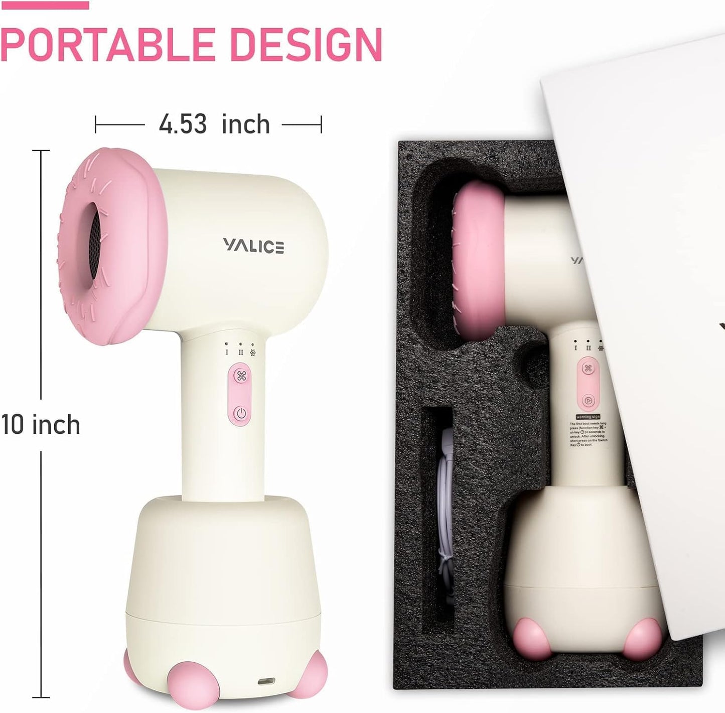 YALICE Cordless Hair Dryer for Baby and Kids, Portable Travel Blow Dryer with Gentle Airflow & Low Heat Ionic Care for Infant, 3 Speed Settings, Mini Rechargeable Hair Dryer with Charging Base, Pink