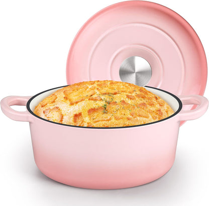 Small 3 Quart Dutch Oven, HaSteeL Round Cast Iron Cooking Pot with Lid, Nonstick Enameled Cookware for Sourdough Bread Baking Roasting Stewing Braising Frying, Heavy Duty & Oven Safe 500℉, Pink