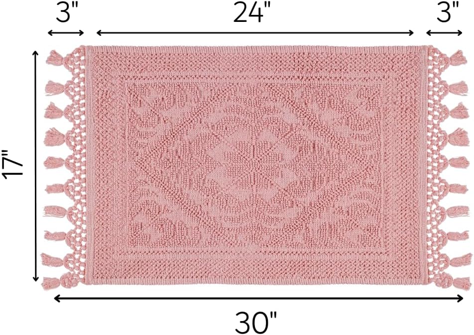 Savi Home Cotton Woven Jacquard Bathroom Rug, Woven Fringe Bathroom Mats, 100% Cotton, Non - Slip Bath Mat, Durable Thick Bath Mat 17”x30” with Fringes, Baby Pink