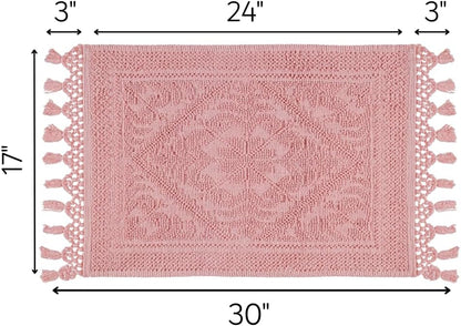 Savi Home Cotton Woven Jacquard Bathroom Rug, Woven Fringe Bathroom Mats, 100% Cotton, Non - Slip Bath Mat, Durable Thick Bath Mat 17”x30” with Fringes, Baby Pink