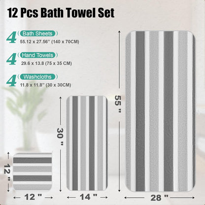 Newwiee 12 Pcs Stripe Bath Towel Sets Microfiber Bathroom Sheet Set Included 4 Highly Absorbent Soft Quick Dry Shower Bath Towels 4 Hand Towels 4 Washcloths for Bathroom, Hotel, Gym and Spa
