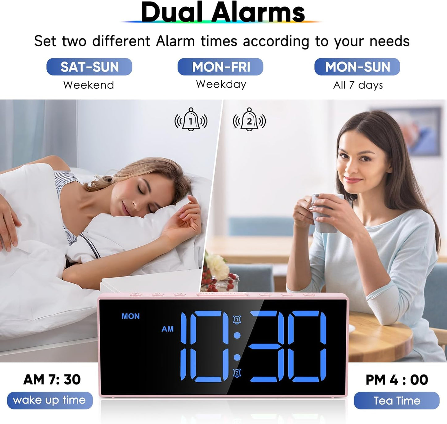 Digital Alarm Clocks,Large Big Numbers Cute clocks for Bedrooms,college dormitories,Teens,Modern Décor Plug in Clock with USB Charger Port Adjustable 3-Levels volume,5 Dimmers,Battery Backup (Pink)