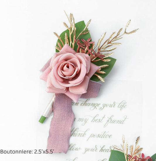 Wrist Corsage Wristlet and Boutonniere Set for Wedding Bridesmaid Mother Grandmother for Bridal Shower Wedding Artificial Roses Flower Prom Set of 2 (Pink)
