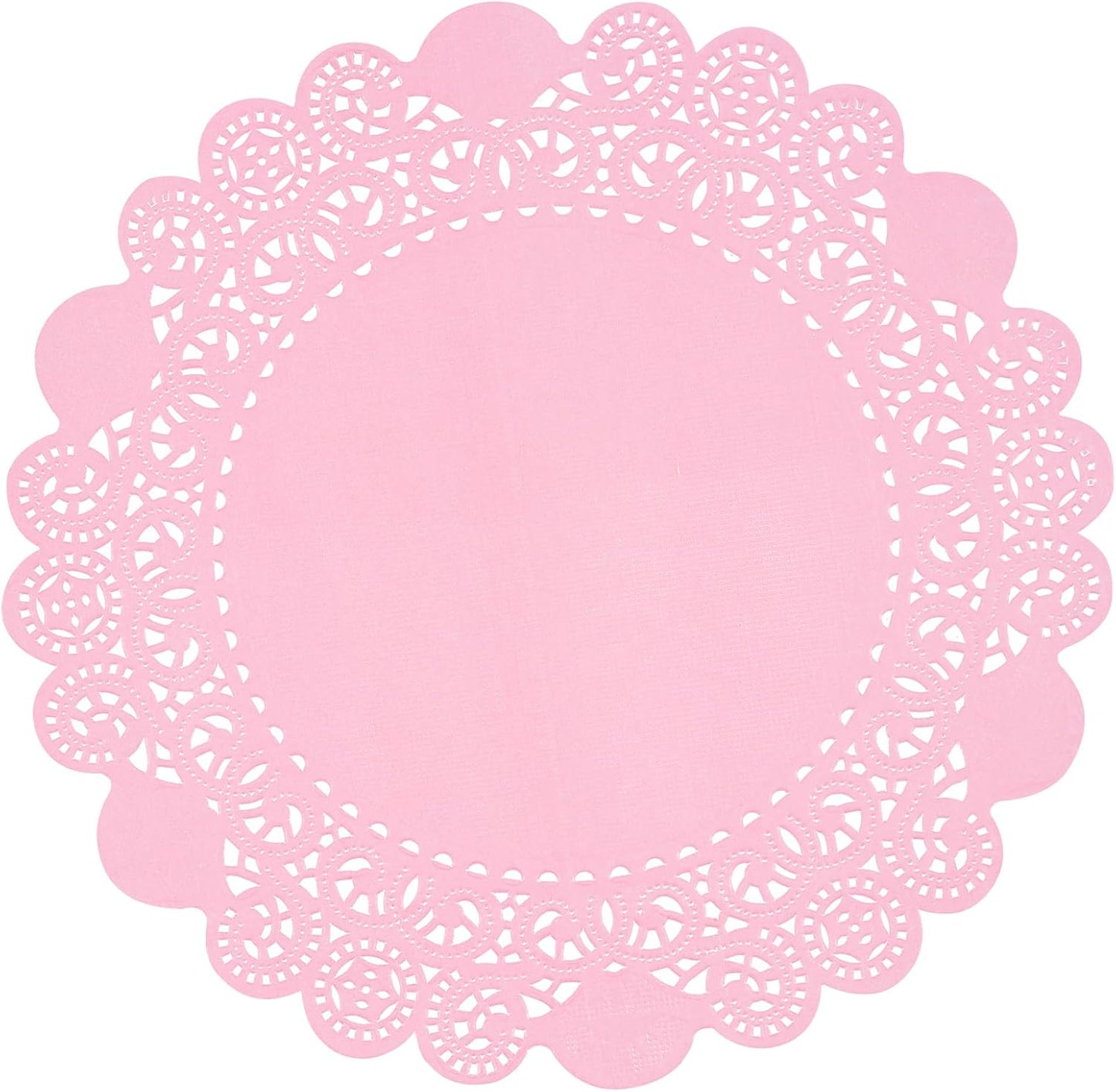 Pastry Tek 8 x 8 Inch Paper Lace Doilies, 100 Disposable Table Doilies - Elegant Lace Finish, Long Lasting, Pink Paper Doily, for Pastries, Cupcakes, Desserts - Restaurantware