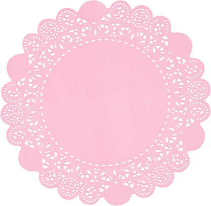 Pastry Tek 8 x 8 Inch Paper Lace Doilies, 100 Disposable Table Doilies - Elegant Lace Finish, Long Lasting, Pink Paper Doily, for Pastries, Cupcakes, Desserts - Restaurantware
