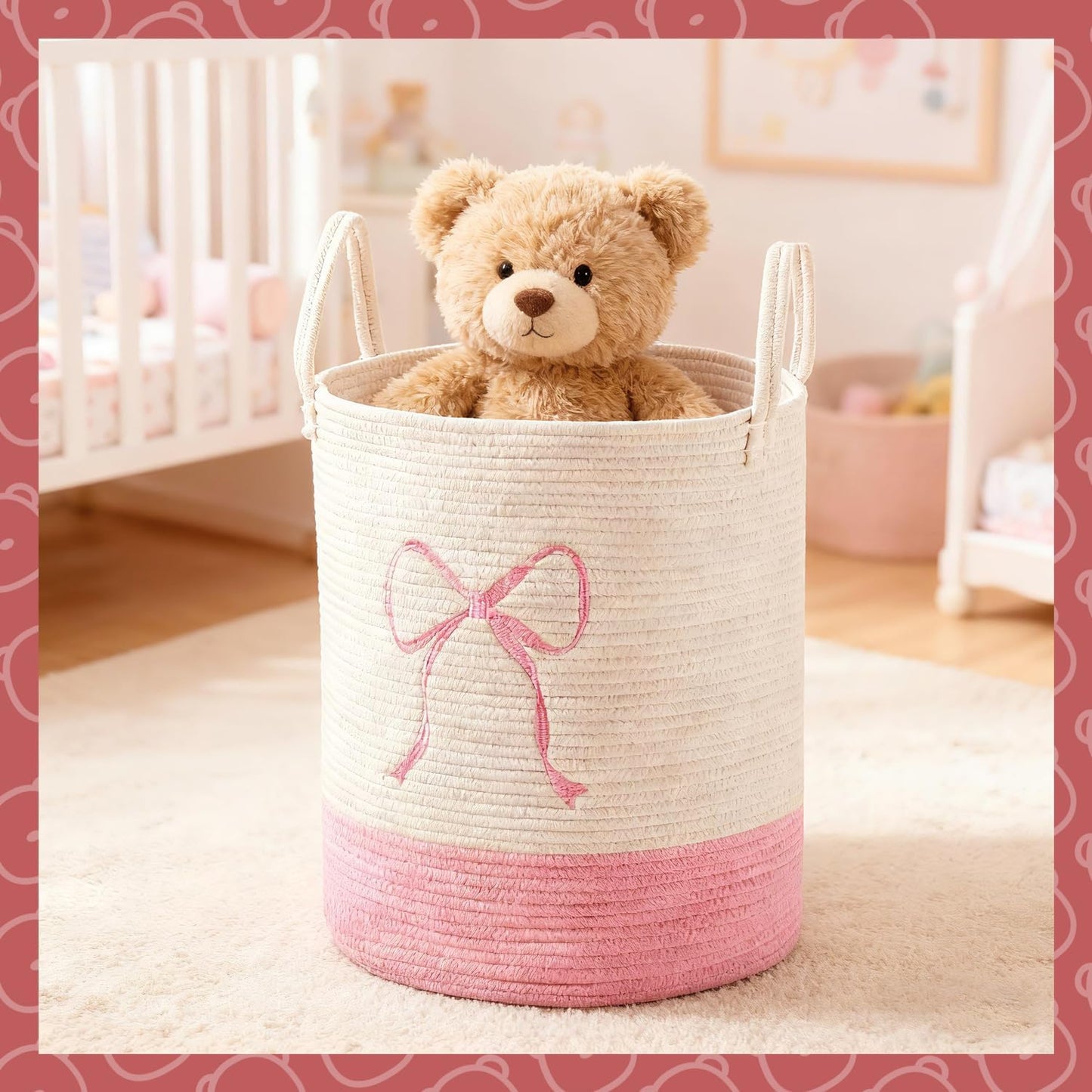 Pink Laundry Basket with Bow, Coquette Bow Laundry Basket - Tall Cotton Rope Nursery Storage Bin, Large Organizer for Blankets, for Kids, Toys & Clothes for Bedroom & Bathroom (Round-50L)