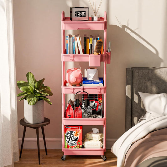Sorgion 5 Tier Rolling Cart Organizer,Bathroom Cart Organizers with Wheels Laundry Room Organization Mobile Shelving Unit Utility Cart Storage Shelves Multi-Functional for Office, Home(Pink)