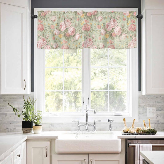 Yukro Valance for Windows Vintage Flower Pink Camellia Floral Sage Green Privacy Rod Pocket Window Treatment Valance Decorative Short Curtain Valance for Kitchen/Living Room/Bedroom 54x18in