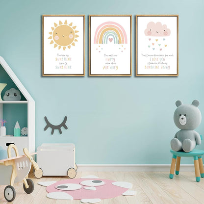 3pcs Pink Nursery Canvas Wall Art Cute Sun Rainbowdark Clouds Posters Prints Kids Bedroom Baby Girls Toddler Pastel Wall Decor Pictures for Classroom School Nursery Decoration Unframed