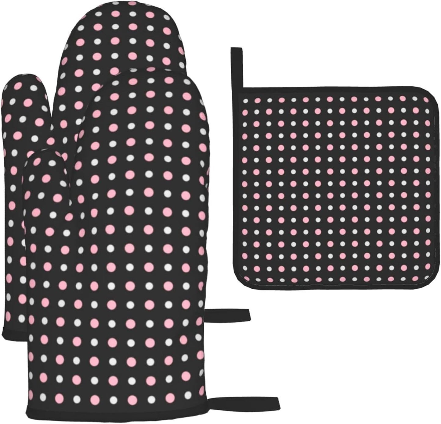 3PCS Oven Mitts and Pot Holders Sets, Black, Pink, Gray and White Dots Oven Mitts Set Heat Resistant Kitchen Microwave Gloves Safe for Baking,Cooking, BBQ