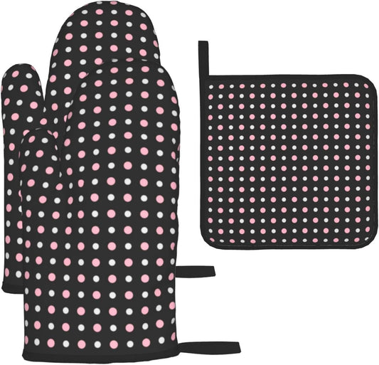 3PCS Oven Mitts and Pot Holders Sets, Black, Pink, Gray and White Dots Oven Mitts Set Heat Resistant Kitchen Microwave Gloves Safe for Baking,Cooking, BBQ