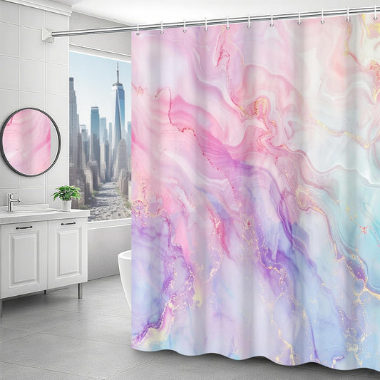 Colorful Marble Shower Curtain Modern Design Pink Purple Blue Curtain for Bathroom Gold Glitter Abstract Marble Shower Curtain with Hooks Waterproof Fabric Decor 72x84 Inch