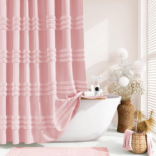 Dynamene Pink Fabric Shower Curtain, Tufted Chenille Striped Textured Cloth Shower Curtain for Bathroom, Modern Farmhouse Shabby Chic Waterproof Shower Curtain Set with Hook, Machine Washable, 72x72